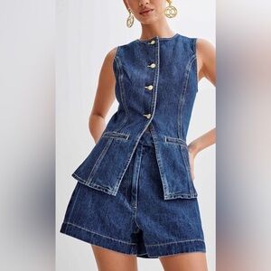 Denim Two Piece Blazer Vest & Shorts Set